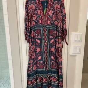 FARM Rio Blue and Pink V-Neck Sundress with Bishop Sleeves